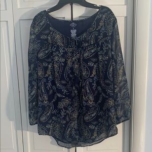 St. John's Bay Blue & Gold Paisley Print Relaxed Tie Front Blouse EUC